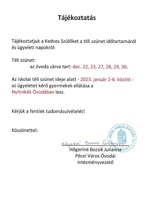 téli szünet tájékoztató